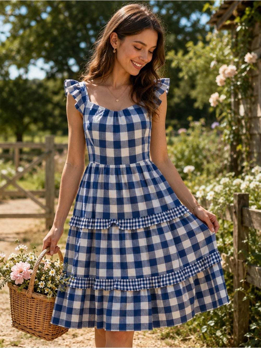 NWT J.Crew Factory Blue & White Gingham Tiered Midi Dress XL